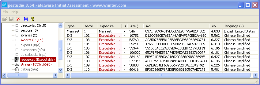 pestudio - resources section of a91261551c31a5d9eec87a8435d5d337