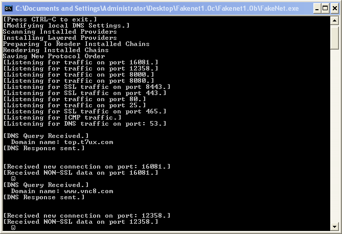 FakeNet output for the SYN binary (cd291abe2f5f9bc9bc63a189a68cac82)